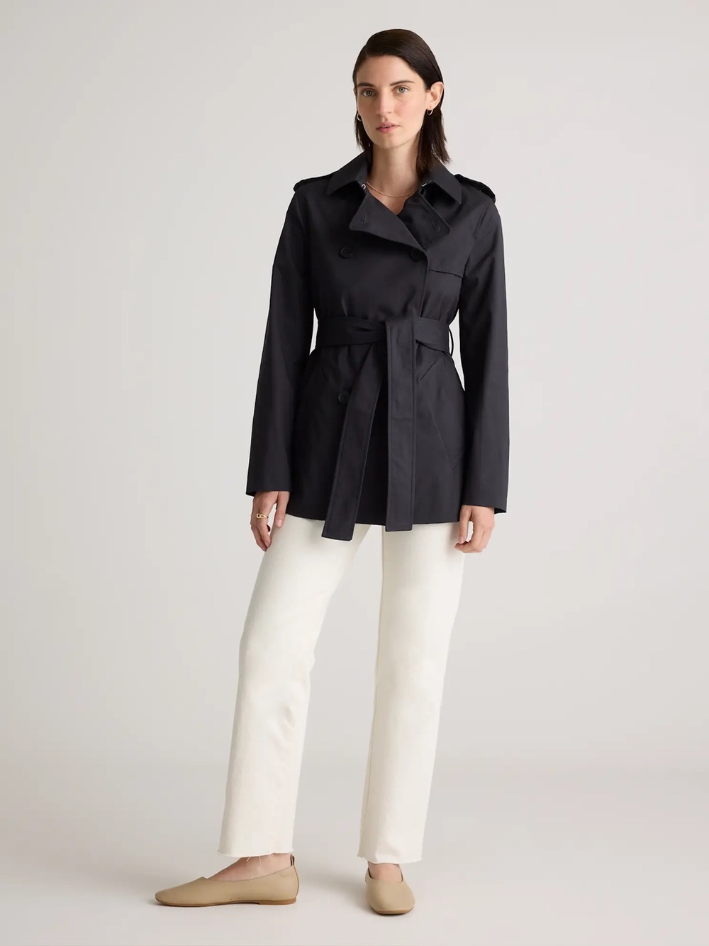 NWT Quince Comfort Stretch Short Trench Coat Black Small Belted - Picture 2 of 16